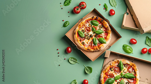 Cardboard boxes with tasty pizza and leftovers on colo photo