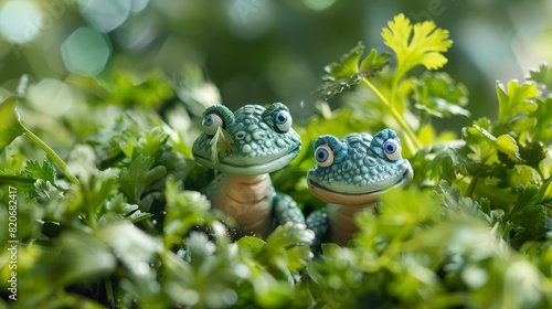Two cute green frogs are sitting in a lush green garden