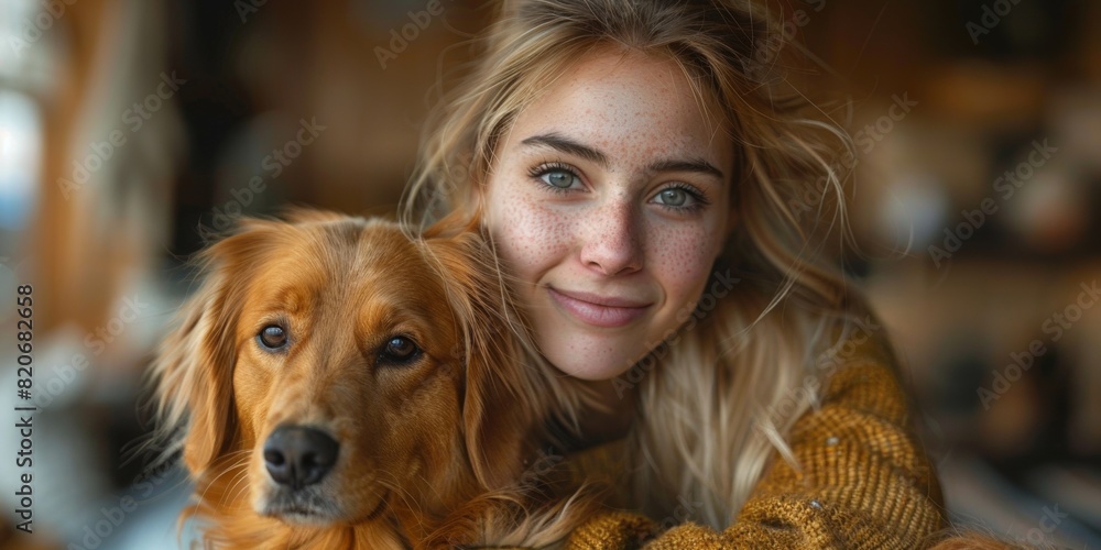 Happy woman holding playful puppy, enjoying a cheerful with her adorable pet. Happy woman holding playful puppy, enjoying a cheerful with her adorable pet.