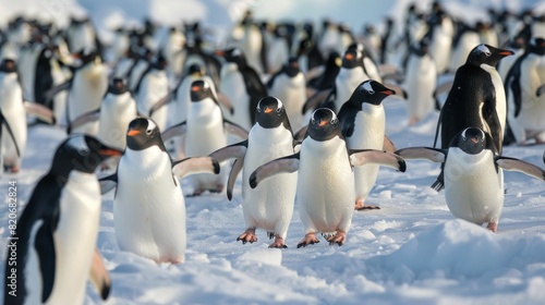 a large group of penguins having fun in the snowy hills of the Antarctic photo