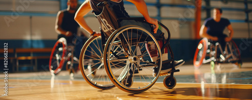 Intense Wheelchair Basketball Game on an Indoor Court with Team Effort
