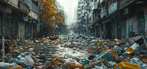 Street of a city with garbage. Generative AI. photo