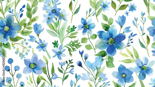 Blue green wildflower watercolor seamless pattern for