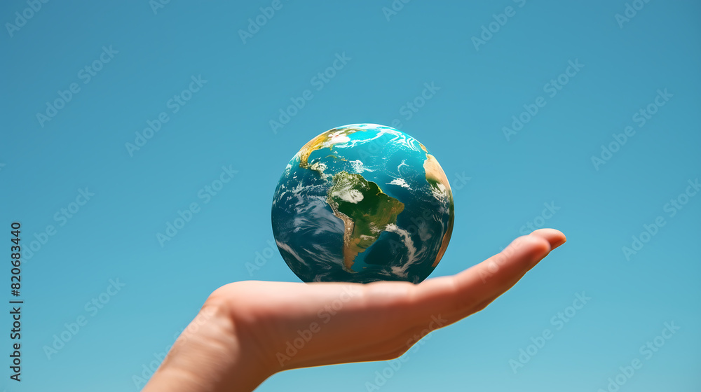 A hand holding a small globe with a clear blue sky in the background, symbolizing global environmental care and the importance of decreasing carbon emissions on World Earth Day A hand holding a small globe with a clear blue sky in the background, symbolizing global environmental care and the importance of decreasing carbon emissions on World Earth Day