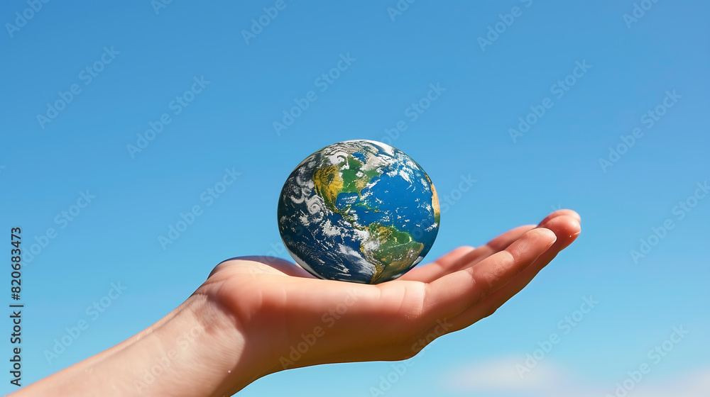 A hand holding a small globe with a clear blue sky in the background, symbolizing global environmental care and the importance of decreasing carbon emissions on World Earth Day A hand holding a small globe with a clear blue sky in the background, symbolizing global environmental care and the importance of decreasing carbon emissions on World Earth Day