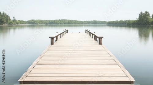 A peaceful wooden pier extending over a calm lake surrounded by nature