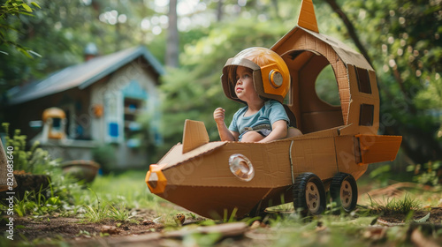 Young boy imagines exploring space in a homemade cardboard spaceship outdoors