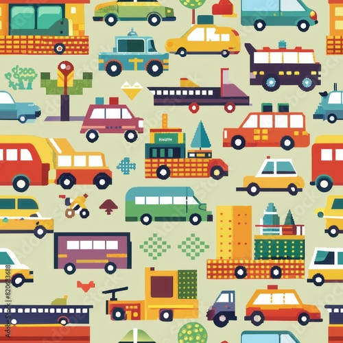 Seamless pattern of pixelated vehicles like cars, bicycles, and airplanes, perfect for wrapping gifts for transportation enthusiasts, Generative AI