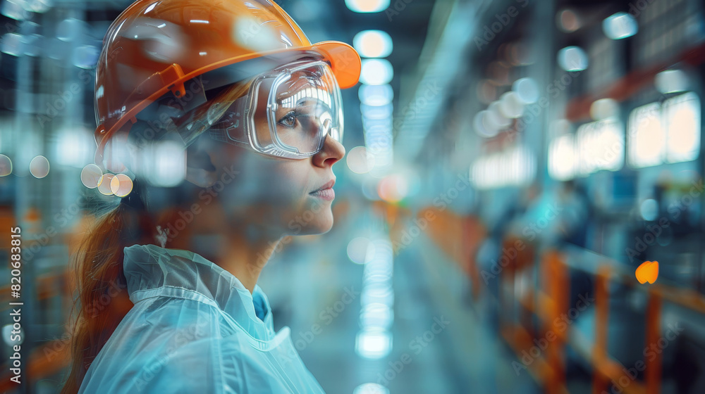 Double exposure photo of Occupational Health and Safety worker in Personal protective equipment Looking at the production hall and his coworkers. Generative AI. Double exposure photo of Occupational Health and Safety worker in Personal protective equipment Looking at the production hall and his coworkers. Generative AI.