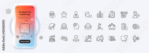 Strategy, Cogwheel and Teamwork results line icons for web app. Phone mockup gradient screen. Pack of Augmented reality, Safe time, Team work pictogram icons. Vector