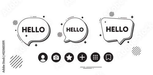Hello welcome tag. Speech bubble offer icons. Hi invitation offer. Formal greetings message. Hello chat text box. Social media icons. Speech bubble text balloon. Vector