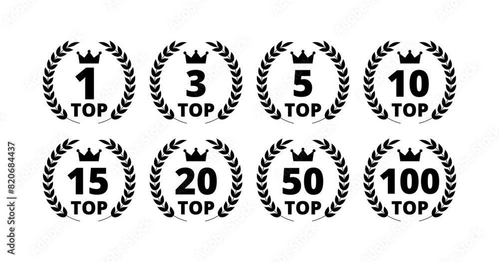 TOP icons set. Crown and Wreath Top Icons. Silhouette Style. Vector icons TOP icons set. Crown and Wreath Top Icons. Silhouette Style. Vector icons