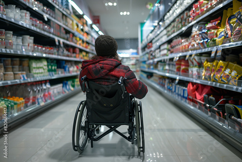 Wheelchair User Shopping for Groceries in a Large, Well-Stocked Store Aisle