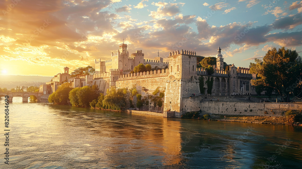 Golden hour sunlight bathing a historic Palace by the river