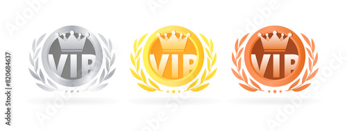 VIP Medal Icon Set. Silver, Gold and Bronze Medal. Flat Style. Vector icons