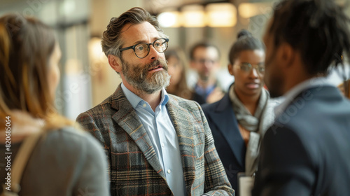 Group of business professionals in a focused discussion during conference