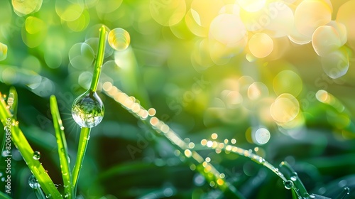 Sparkling Dew Droplet on Verdant Grass Blade Reflecting Warm Sunlight in Serene Nature Scene photo