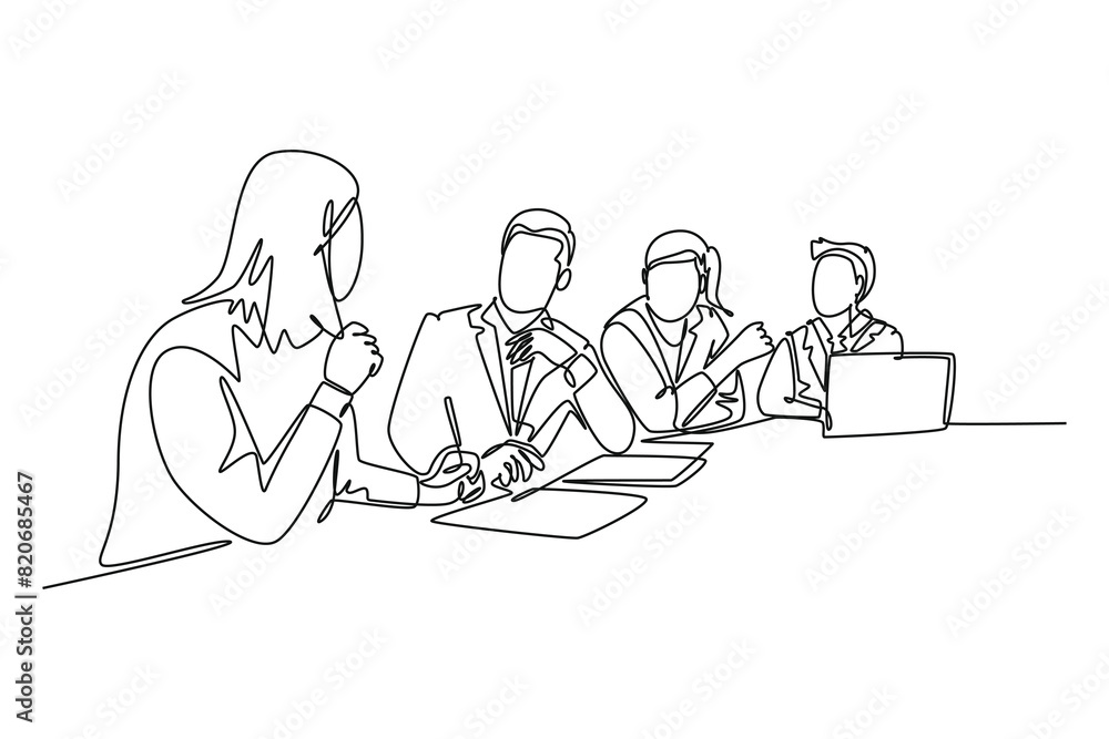 Continuous one line drawing female trainer coaching about business plan and business organization to young CEO at office. Business training concept. Single line draw design vector graphic illustration Continuous one line drawing female trainer coaching about business plan and business organization to young CEO at office. Business training concept. Single line draw design vector graphic illustration