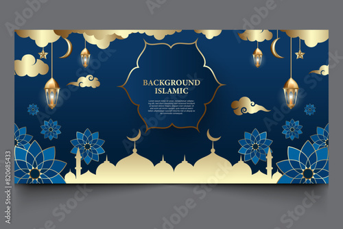 Islamic background banner. dark blue color, design elements