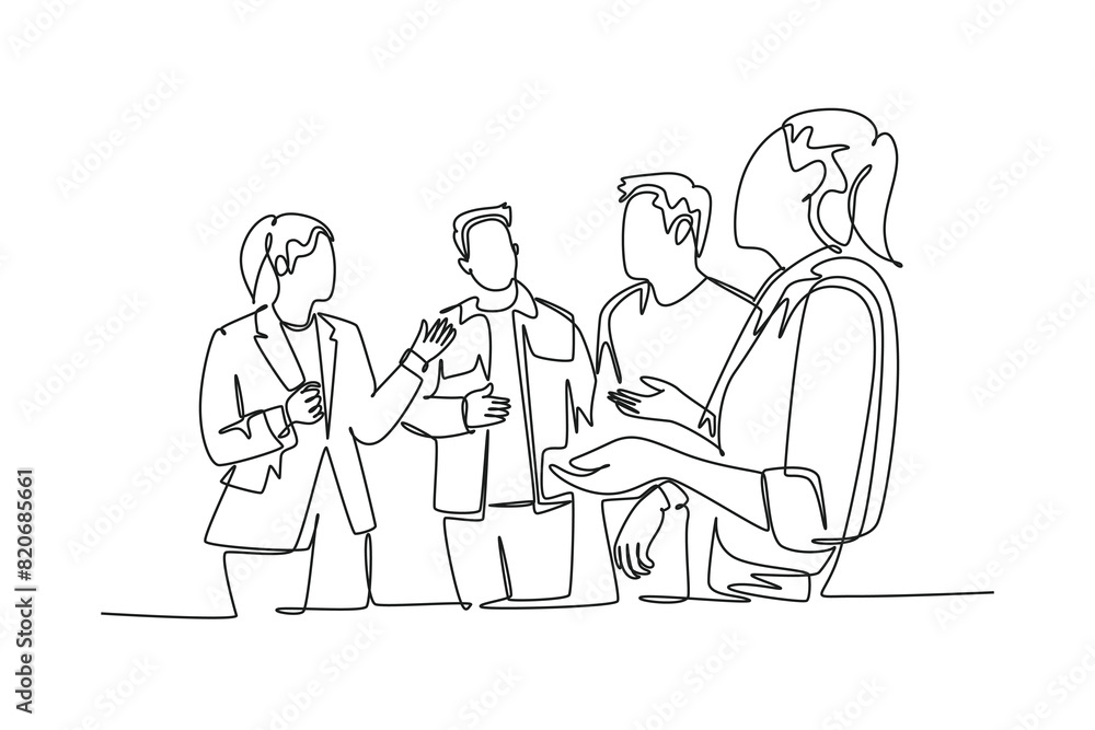 Single continuous line drawing of project manager explain company business process to young male and female apprentices at office. Business internship. One line draw graphic design vector illustration