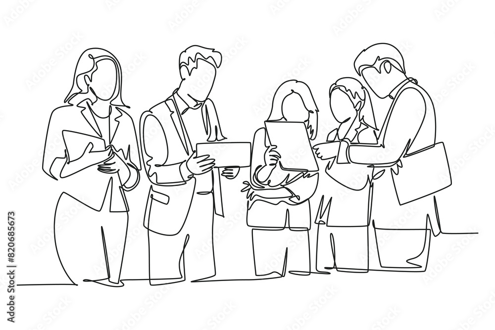 Single continuous line drawing of young businessman and business woman standing and discussing project company together at office. Informal meeting. Dynamic one line graphic design vector illustration Single continuous line drawing of young businessman and business woman standing and discussing project company together at office. Informal meeting. Dynamic one line graphic design vector illustration