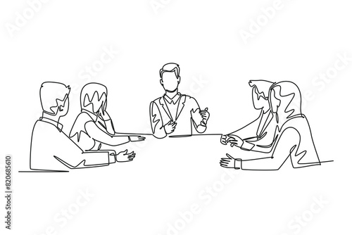 Single continuous line drawing of young male and female sales managers meeting to discuss company goal target at the office. Sales marketing strategy. One line draw graphic design vector illustration