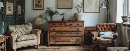 Antique wooden furniture in a modern home, showing signs of woodworm but still in use, juxtaposition of old and new, digital art