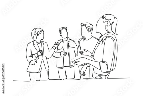 Single continuous line drawing of project manager explain company business process to young male and female apprentices at office. Business internship. One line draw graphic design vector illustration