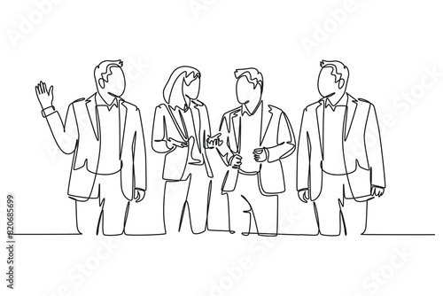 Single one line drawing young male and female employees have a little chat while a working break at the head office. Workers daily life. Modern continuous line draw design graphic vector illustration