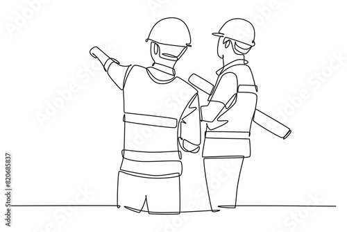 Single one line drawing young company manager presenting proposal construction plan to investor. Building architecture business concept. Modern continuous line draw design graphic vector illustration