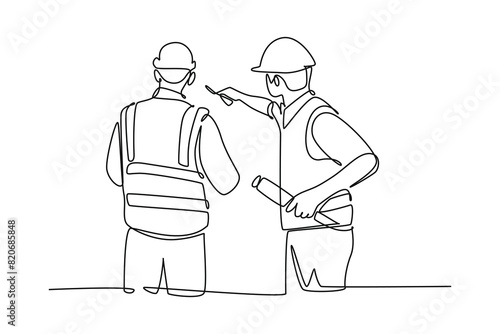 Continuous one line drawing of young foreman construction builder meeting with business owner talking building facility. Building architecture business. Single line design vector graphic illustration