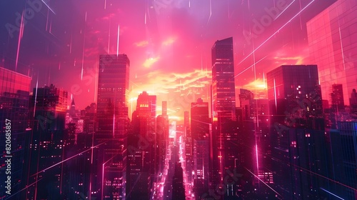 Dynamic Cityscape at Twilight with Futuristic Skyscrapers Silhouetted Against Vibrant Sky