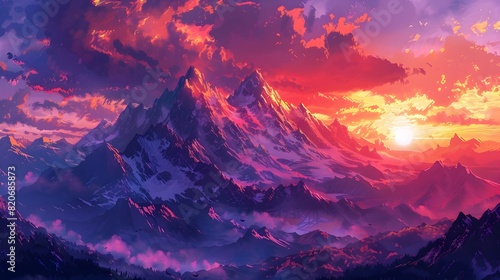 Majestic Mountain Range Aglow in Vibrant Sunset Hues Against Dramatic Cloudy Backdrop