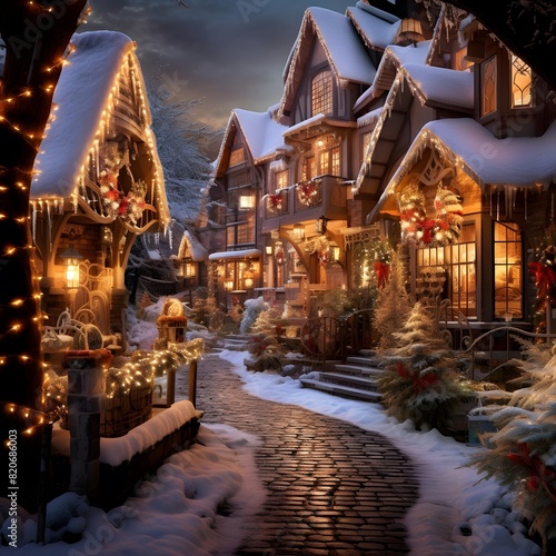 christmas village at night with lanterns and lights in the snow © Iman