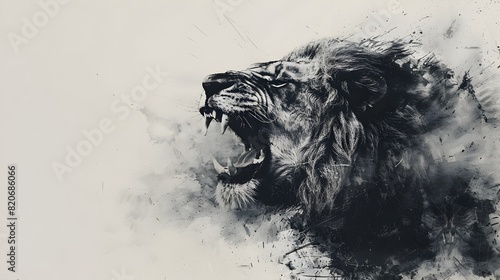 Powerful frontal portrait of a ferocious roaring lion against a minimalist abstract ink-like background capturing the essence of its raw strength and