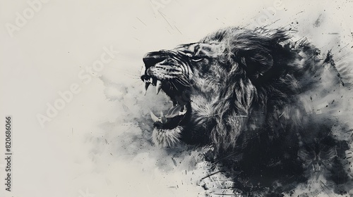 Powerful frontal portrait of a ferocious roaring lion against a minimalist abstract ink-like background,capturing the essence of its raw strength and
