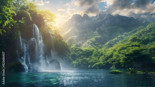 Lush Mountain Landscape with Cascading Waterfalls and Serene Atmosphere for Promotional Campaign Poster Template