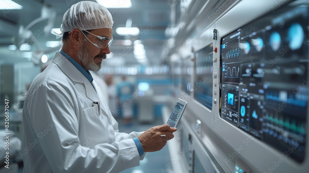 A modern hospital setting showcasing the integration of advanced AI technology. doctor using a tablet with a holographic display showing patient data. The environment high-tech. Generative AI. A modern hospital setting showcasing the integration of advanced AI technology. doctor using a tablet with a holographic display showing patient data. The environment high-tech. Generative AI.