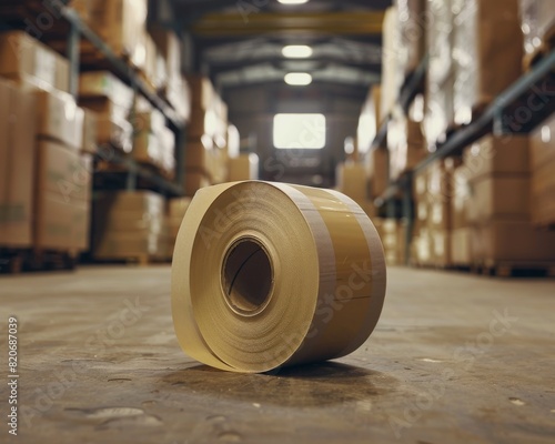 High-detail shot of a roll of scotch tape, partially unrolled, with a background of shipping boxes, highlighting the tape's clarity and strength photo