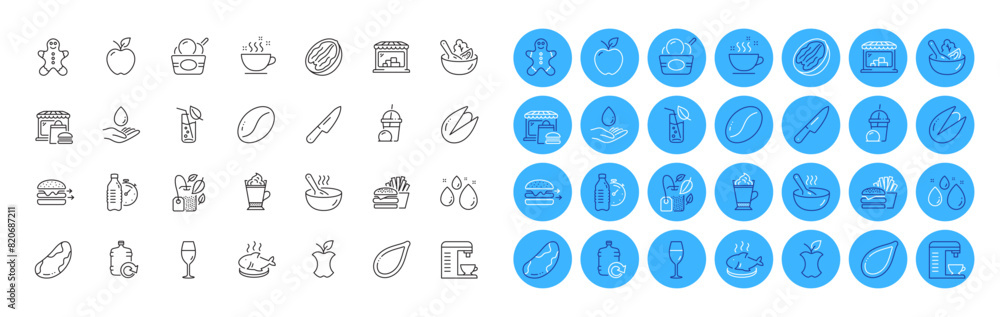 Coffee beans, Apple and Water glass line icons pack. Coffee machine, Water care, Mint bag web icon. Ice cream, Food market, Pumpkin seed pictogram. Brazil nut, Salad, Organic waste. Vector