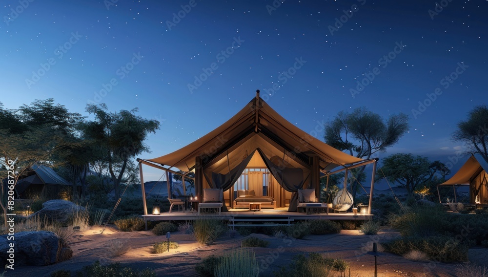 A luxury glamping tent in the desert under a starry sky