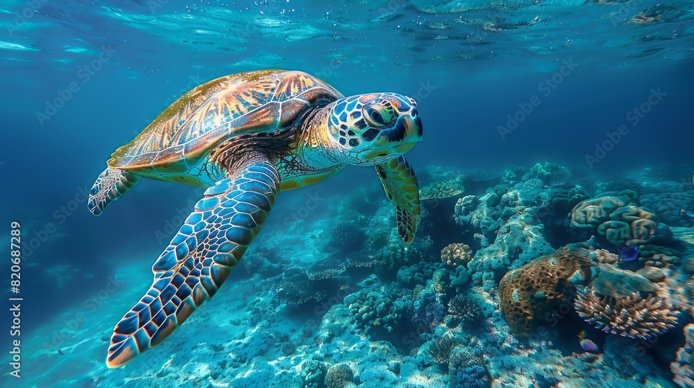 green turtle swimming in blue ocean,great barrier reef. green turtle swimming in blue ocean,great barrier reef.