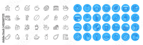 Coffee beans, Apple and Water glass line icons pack. Coffee machine, Water care, Mint bag web icon. Ice cream, Food market, Pumpkin seed pictogram. Brazil nut, Salad, Organic waste. Vector