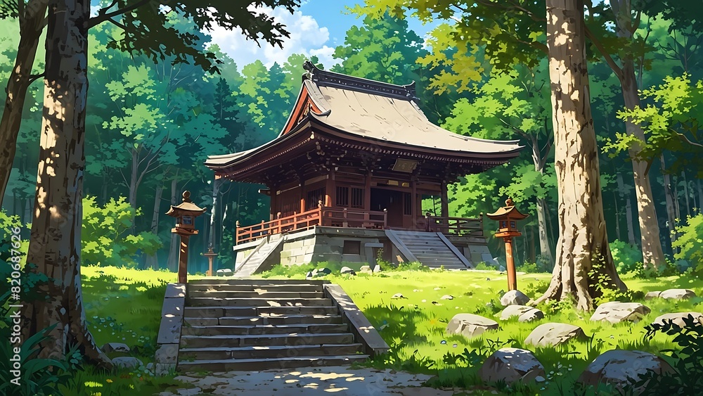 Animated anime landscape panorama of a japanese temple with greenery summer scene Animated anime landscape panorama of a japanese temple with greenery summer scene
