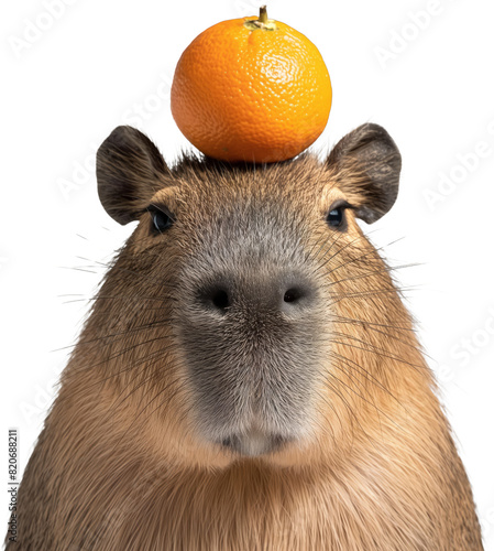Cute capybara capybara  with orange fruits. Funny animal 