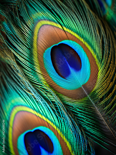 Peacock feathers close up.  Generative AI