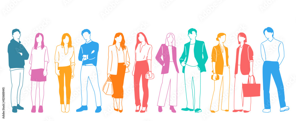 Group men, women and teenagers stand, different colors, cartoon character, silhouettes standing people, design concept of flat icon, hand draw vector illustration,isolated on white Group men, women and teenagers stand, different colors, cartoon character, silhouettes standing people, design concept of flat icon, hand draw vector illustration,isolated on white