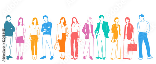 Group men,  women and teenagers stand, different colors, cartoon character, silhouettes standing  people, design concept of flat icon, hand draw vector illustration,isolated on white