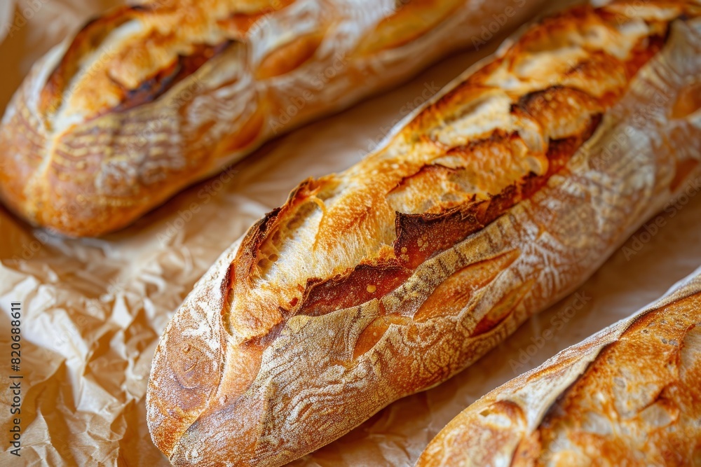 Traditional french breakfast  fresh baguettes on artisan paper in a captivating close up