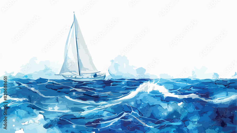 Watercolor seascape sailing boat yacht white sail blue